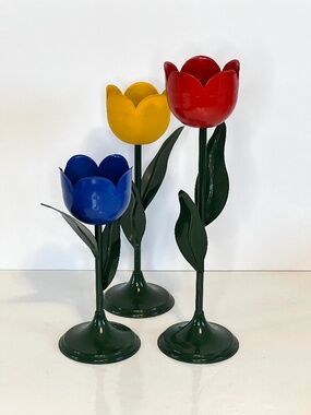 Vintage Set Of 3 Metal Tulip Candle Holders Taiwan Red Blue Yellow Home Decor
